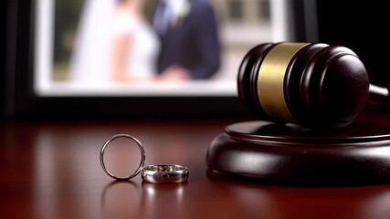 Wooden gavel and wedding bands are displayed on a table, with a wedding photo in the background. This conceptual video explores the themes of divorce and legal family matters