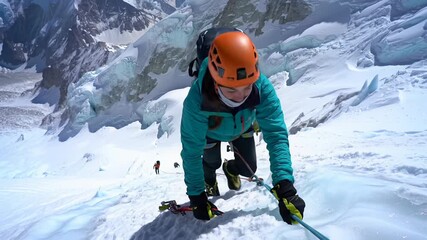 A determined female mountaineer in turquoise jacket, orange helmet, white gaiter ascends razor-sharp icefall on snow-covered mountain, high-angle crane video, extreme mountaineering endurance.