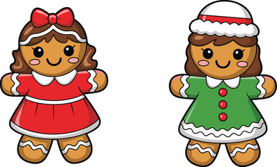 Cute cartoon gingerbread girl characters wearing festive red and green dresses for Christmas holiday cookie vector illustration.