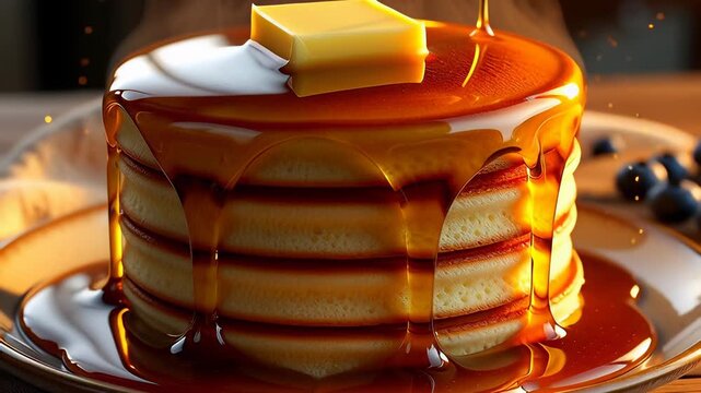 Hot pancake stack with golden maple syrup flowing over melting butter and steam rising in a cinematic 3D illustration, perfect for delicious breakfast menus.