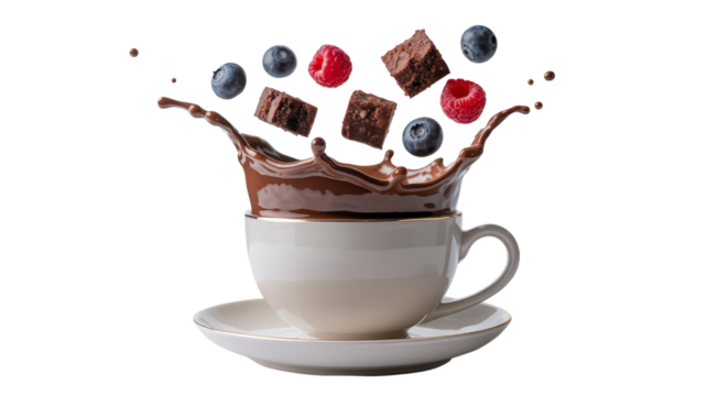 Chocolate Splash from Cup with Raspberry Blueberries and Brownie Cubes on Transparent Background Demonstrating Dessert Ingredients for Sweet Beverage Recipe and Refreshment