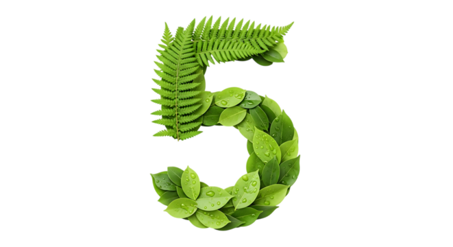 Green number five made of leaves and ferns isolated on transparent background - Powered by Adobe
