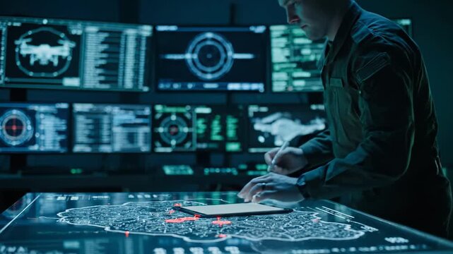 Youthful military officer is seen in a dimly lit command center, utilizing a tablet and interactive map to strategize for an upcoming mission, surrounded by multiple screens displaying crucial data