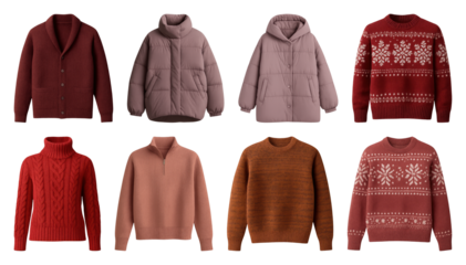 PNG Cozy winter sweaters and jackets, element set on transparent background