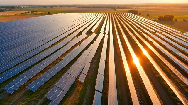 Rows of solar panels in a field at sunset