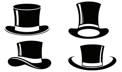Stylized top hat icon set, black and white illustrations with varied brim shapes and classic formal wear design