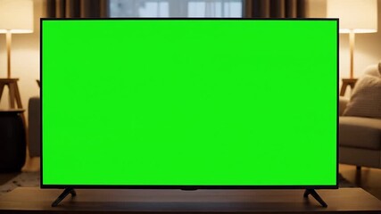 Modern Living Room TV with Green Screen for Content Insertion A Cozy Interior Design Mockup for Advertising and Entertainment Featuring Warm Lighting and Comfortable Furniture.