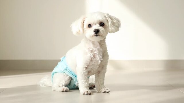Cute white maltese poodle puppy wearing a blue reusable diaper. The small dog is sitting on the floor looking around in a bright room