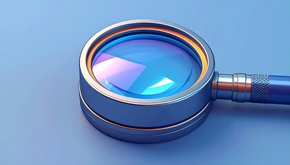 Circular magnifier with blue lens and chrome frame sits on a soft blue surface reflecting light