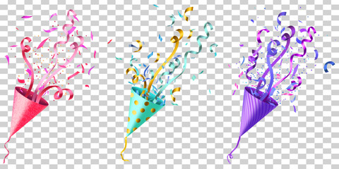 Vibrant party poppers releasing festive confetti and streamers