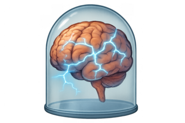 Brain firing with electrical impulses, symbolizing active mind, intelligence, power, and neuroscience in a protective dome