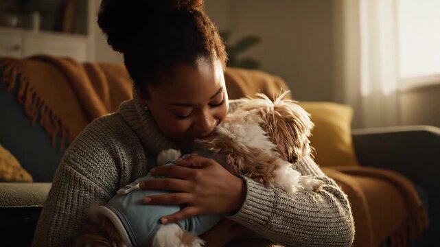 Heartbroken young african american woman crying while hugging her little puppy. The emotional woman finds comfort in her furry friend