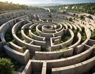 Circular labyrinth, walled, with vegetation amidst a constructed landscape, under a sunlit sky with mountain backdrop