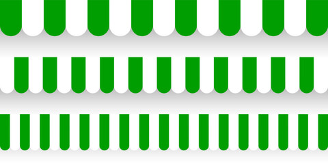 Shop sunshade. Realistic striped cafe awning. Outdoor market tent. Roof canopy. Summer street store. Vector illustration