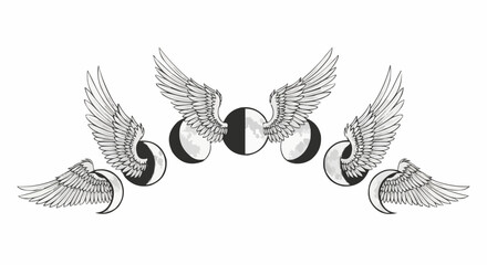 Mystical black and white illustration of the lunar cycle with wings.