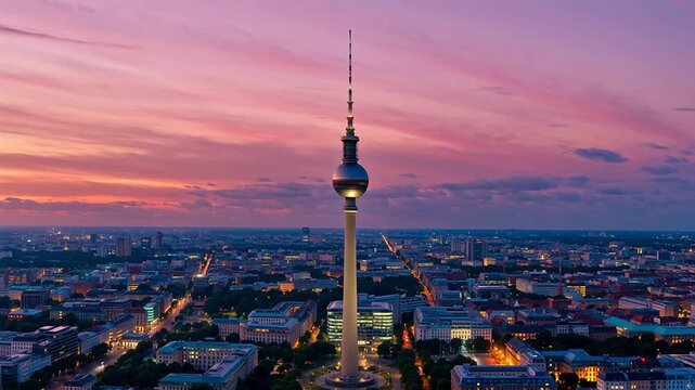 Cityscape with illuminated tower at dusk