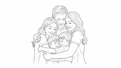 Happy Family Hugging Together Line Art Drawing Illustration.