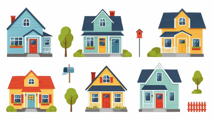 Collection of colorful houses with various architectural styles and designs.