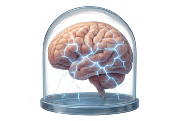 Human brain glowing with electrical impulses inside a protective glass dome, representing intelligence, ideas, and thinking process