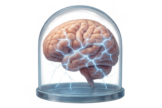 Human brain glowing with electrical impulses inside a protective glass dome, representing intelligence, ideas, and thinking process