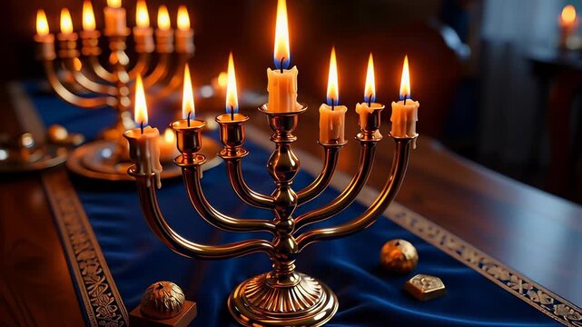 Golden menorah candles burning brightly on a royal blue table next to wooden dreidels in a cinematic 3D illustration, symbolizing traditional Jewish Hanukkah holiday celebration.