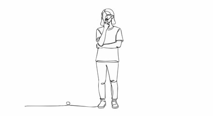 Continuous line drawing of a thoughtful woman in a pensive pose.