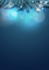 Blue Christmas Background with Pine Branches and Space for Text. Merry Christmas and Happy New Year