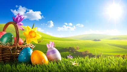 Easter eggs nestled in grass with spring flowers and a wicker basket under a vibrant blue sky, sun shining bright