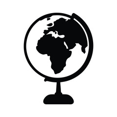 Stylized black and white globe icon depicting earth on a stand