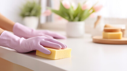 Person in Pink Gloves Cleaning a White Surface with a Sponge