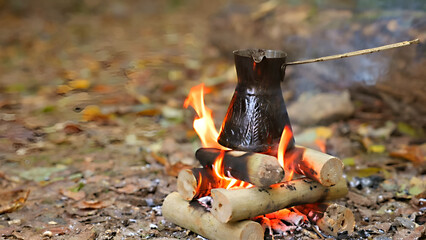 Burning candles in the fireplace 
