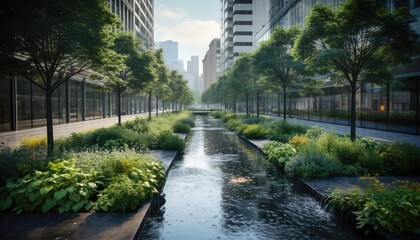 Beautifully designed rain garden (bioswale) along a modern city street, actively collecting and filtering stormwater runoff, urban green infrastructure