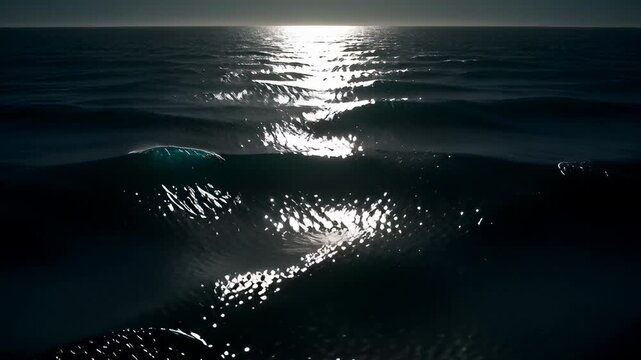 Cinematic dark ocean waves rolling under bright moonlight reflection, featuring a subsurface blue glow in a seamless 3D loop for atmospheric nature backgrounds.