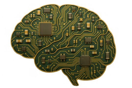 Brain-shaped circuit board representing ai, technology, mind, and data processing. Transparent background - Powered by Adobe