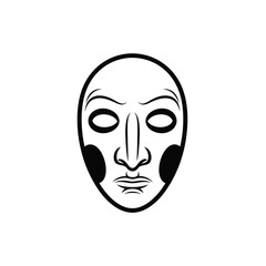 Black and white graphic of a stylized mask with oval eyes