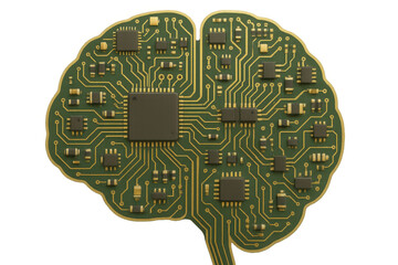 Artificial intelligence brain concept showing circuit board and microchips, representing innovation and computer data processing