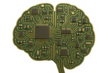 Artificial intelligence brain concept showing circuit board and microchips, representing innovation and computer data processing