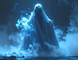 Ethereal figure shrouded in shimmering blue fabric emerges from swirling mist, creating a mystical atmosphere