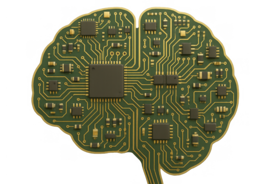 Artificial intelligence brain concept showing circuit board and microchips, representing innovation and computer data processing