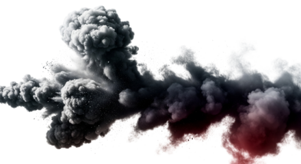 Dark smoke explosion with red tint isolated on transparent background