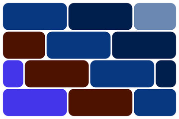 Abstract geometric pattern: interlocking rounded rectangular blocks in diverse shades of blue and brown, forming a modern mosaic on a crisp white backdrop.