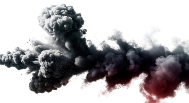 Dark smoke explosion with red tint isolated on transparent background