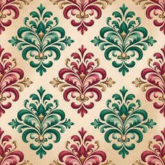 Fototapeta premium Elegant seamless damask pattern with ornate floral motifs in rich red and green hues