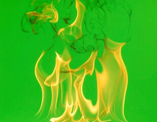 Ethereal flames dance against a vibrant green backdrop, wisps of dark smoke adding contrast
