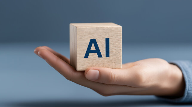 Hand Holding Wooden Cube with AI Text