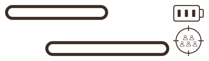 Progress bars indicating stages of completion, battery symbol denoting energy, teamwork target visual. Ideal for productivity, goal monitoring, time management, resource allocation, teamwork, energy