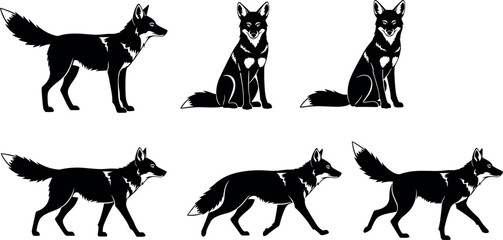 Black and white fox silhouette set showing various poses, movement and anatomy for wildlife, nature, design, and educational vector use.