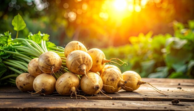 Freshly harvested jicama tubers on a rustic wooden surface, showcasing natural textures and organic farm produce.