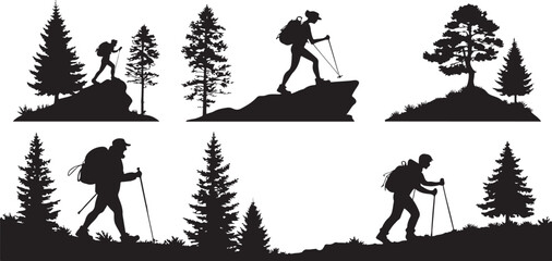 Collection of six distinct silhouette illustrations with vibrant colors and classic fonts