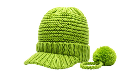 Bright green knitted winter hat and accessories isolated on transparent background